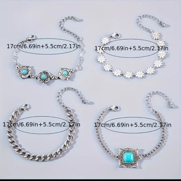 Vintage Boho 4-Piece Bracelet Set Tourquoise Inlaid Cuban Chain Carvings - Picture 4 of 5
